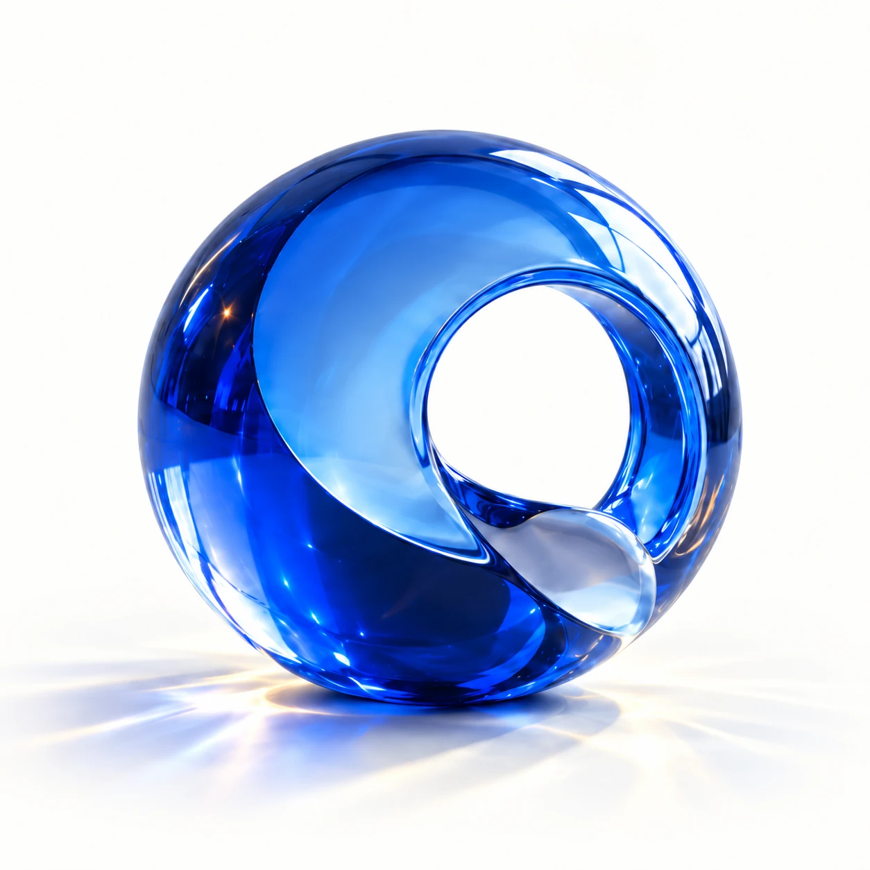 Sculptural blue glass Q reflecting connected intelligence