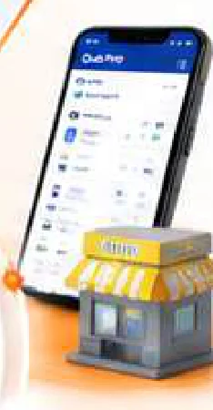 Illustration of a neighborhood agent shop with a banking app on a phone