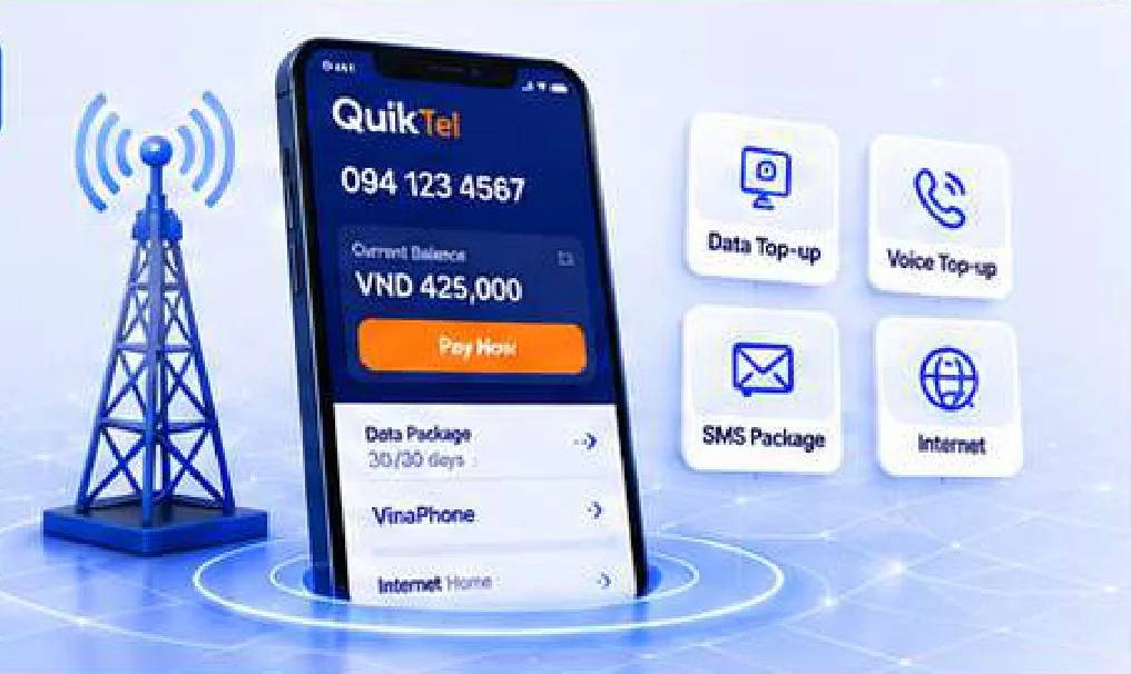 Quik app screen with bill and top-up options on a phone next to a signal tower