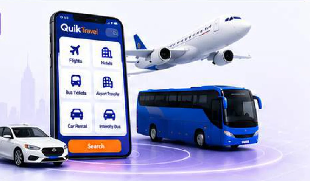 Quik Travel app with flight, hotel, bus and car rental options beside a plane, bus and car