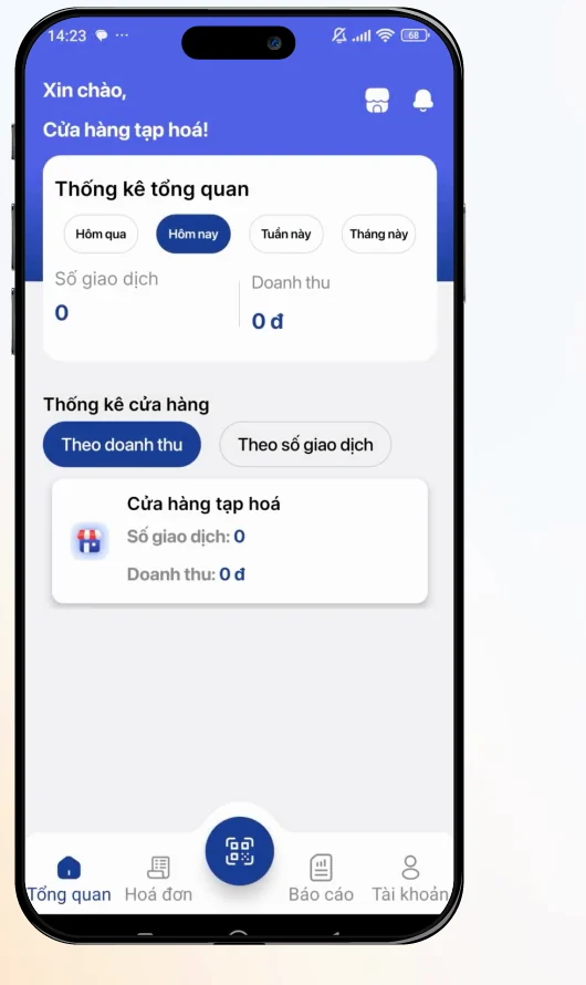 Quik Sale home screen with today's transaction count and revenue by store
